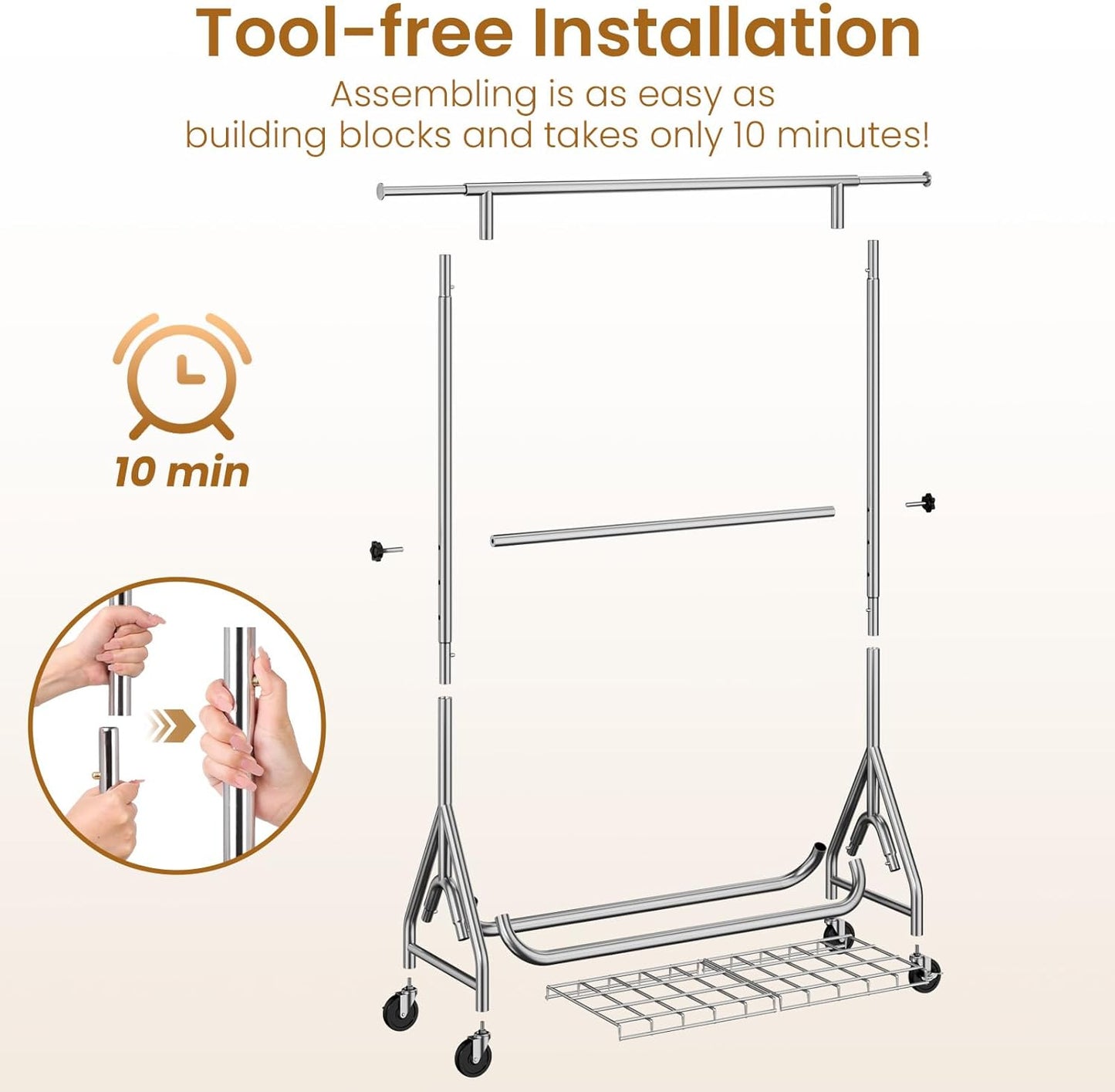 Double Rods Clothing Rack, Heavy Duty Clothes Rack for Hanging Clothes Load 560LBS, Metal Rolling Garment Racks with Wheels, Freestanding Clothes Hanging Racks, Silver - Lumora Desk