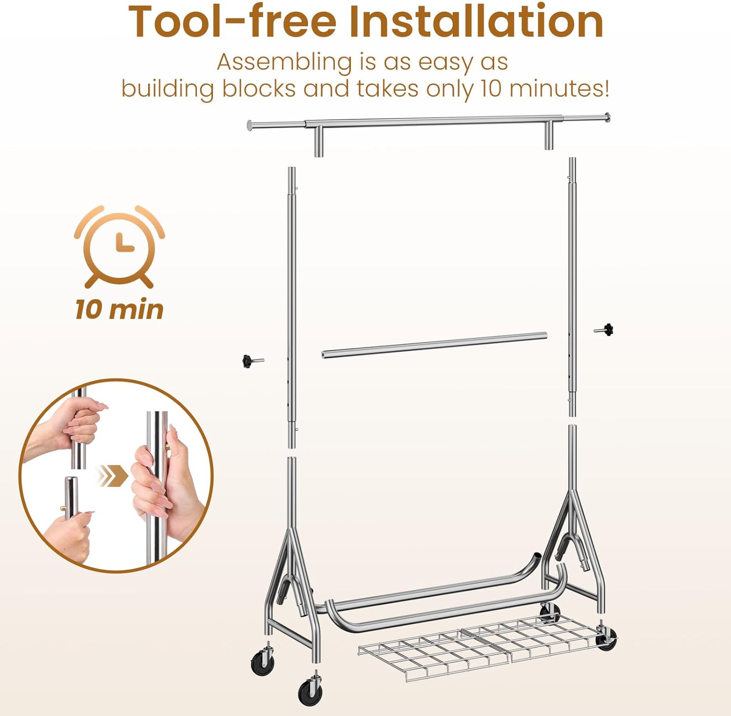 Double Rods Clothing Rack, Heavy Duty Clothes Rack for Hanging Clothes Load 560LBS, Metal Rolling Garment Racks with Wheels, Freestanding Clothes Hanging Racks, Silver - Lumora Desk