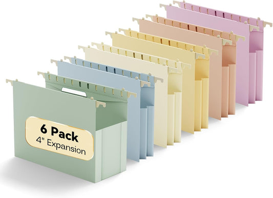 Plastic Hanging File Folders,Letter Size,6 Pack Heavy Duty 4" Expansion,Large Capacity Hanging Folders with Tabs,Filing Cabinet Organizer for Office Home School,for Bulky Files,Morandi Color