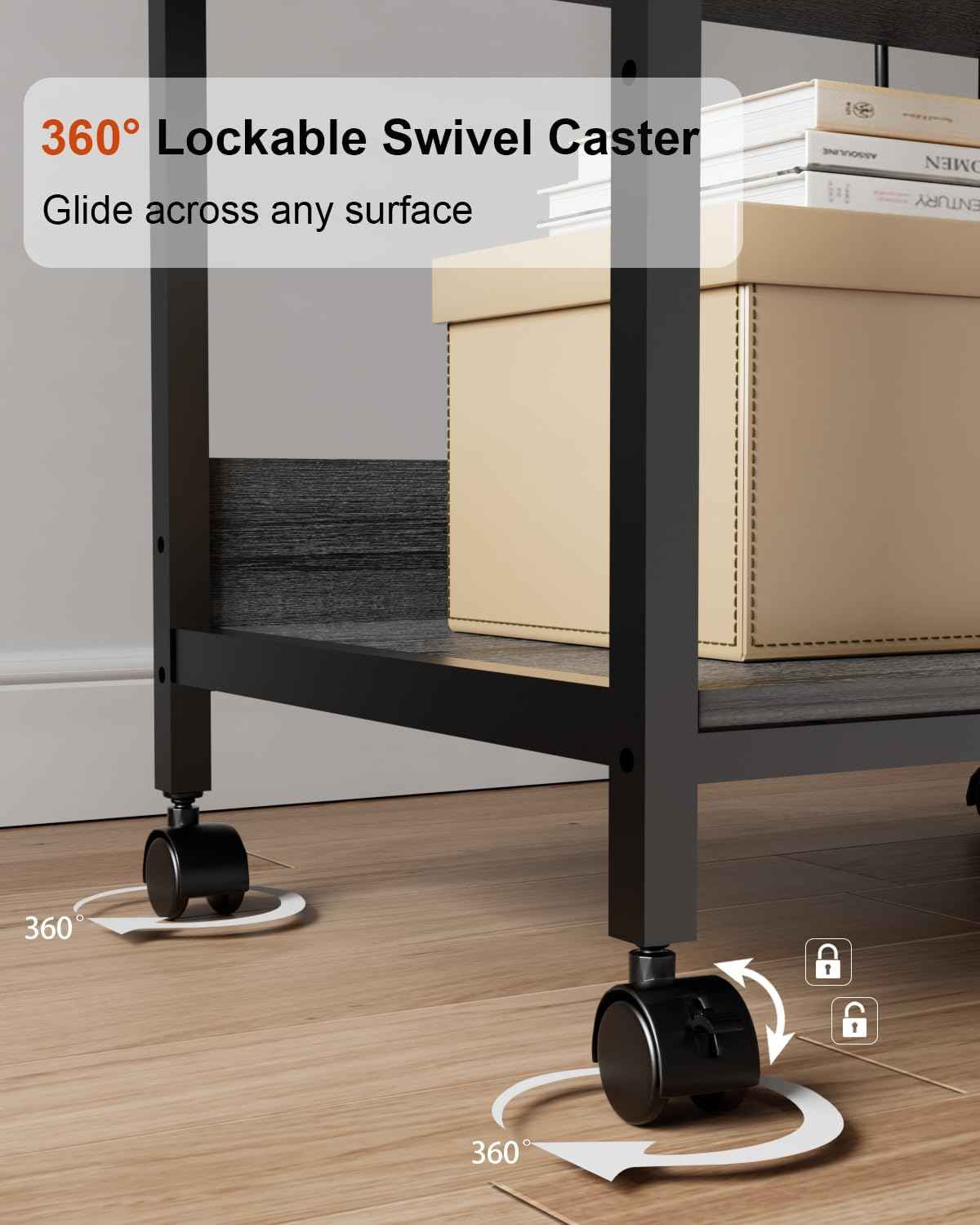 Tall Printer Stand with Storage, 4-Tier Mobile Printer Cart with Adjustable Shelf & Side Bag, Heavy Duty Printer Table with Built-In Charging Station for Home Office, Fits Scanner, Fax Machine, Grey