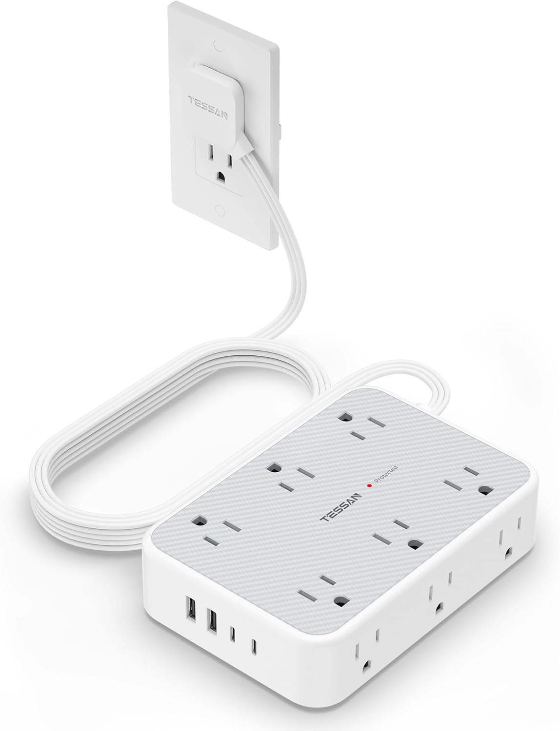 TESSAN 15 ft Extension Cord Surge Protector Power Strip, 12 Outlet Extender with 4 USB (2 USB C), 1800 Joules Protection, Flat Plug, Flat Extension Cord with Multiple Outlets, for Home, Office, Dorm