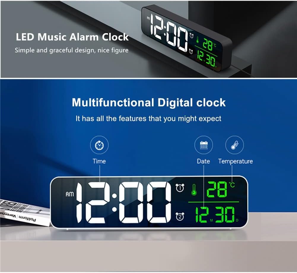 Digital Clock Large Display, Alarm Clock for Living Room Office Bedroom Decor, LED Corded Electric, Date Temp Display Wall Clock, Automatic Brightness Dimmer Smart Cool Modern Desk Accessories Black