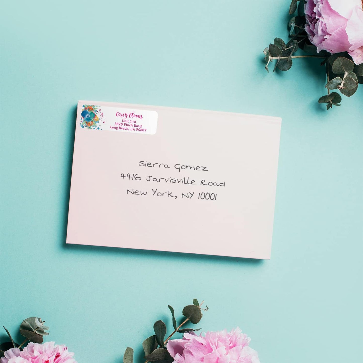 Bright Watercolor Floral Rolled Address Labels / 5 Vibrant Flower Bouquet Designs/Roll of 250 Personalized Address Labels/Designer Return Address Stickers in Elegant Plastic Dispenser - Lumora Desk
