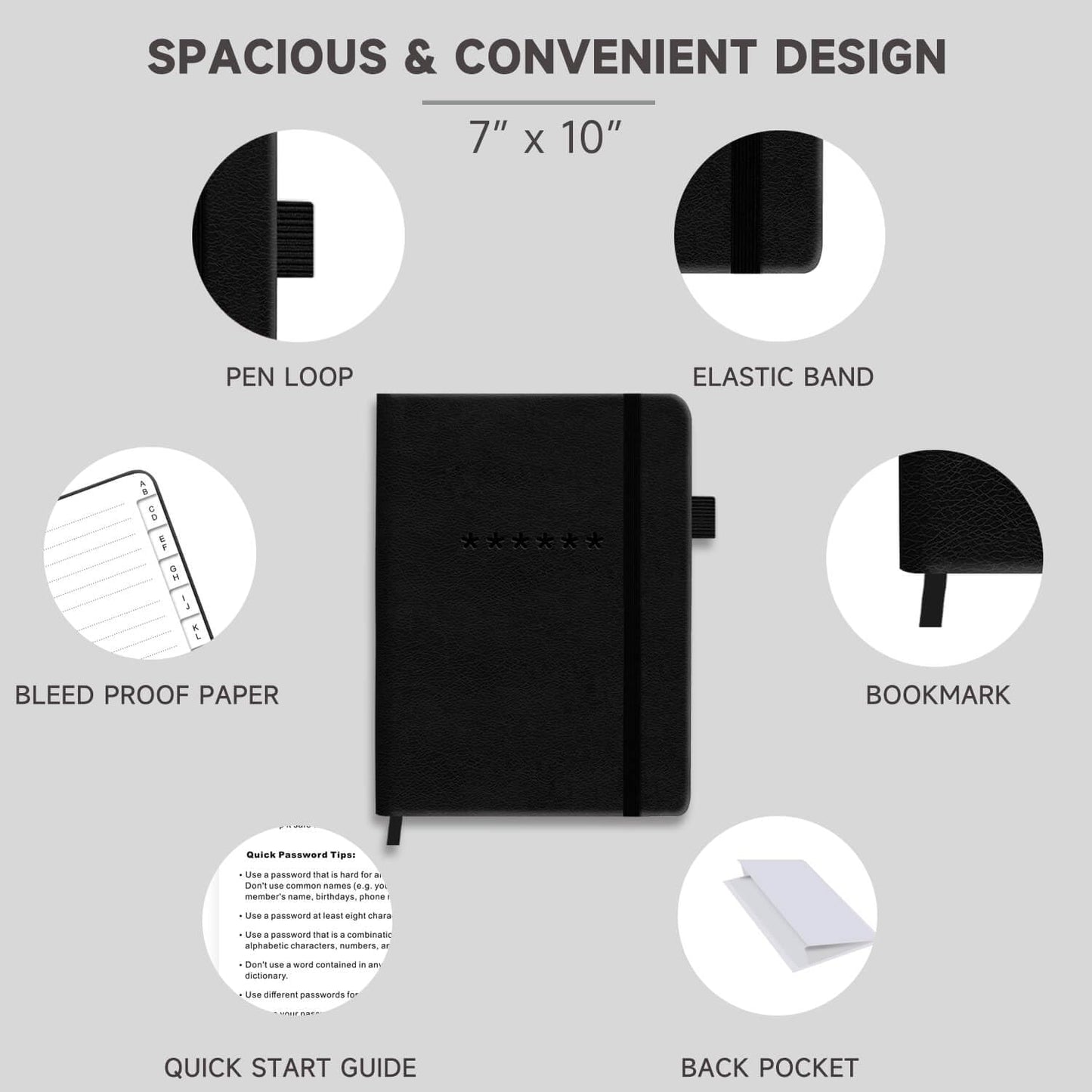 Password Book with Alphabetical Tabs – Hardcover Internet Address & Password Organizer – Password Keeper Notebook for Computer & Website – 7 x 10" Log-in Password Journal w/Thick Paper (Black)