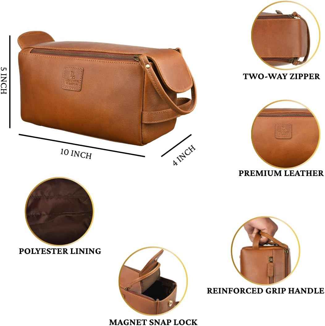 Full Grain Leather Toiletry Kit for Men & Women – Travel Toiletries & Shaving Bag Organizer, Water-Resistant Grooming Case for Bathroom, Makeup & Cosmetic Storage - Cognac Brown