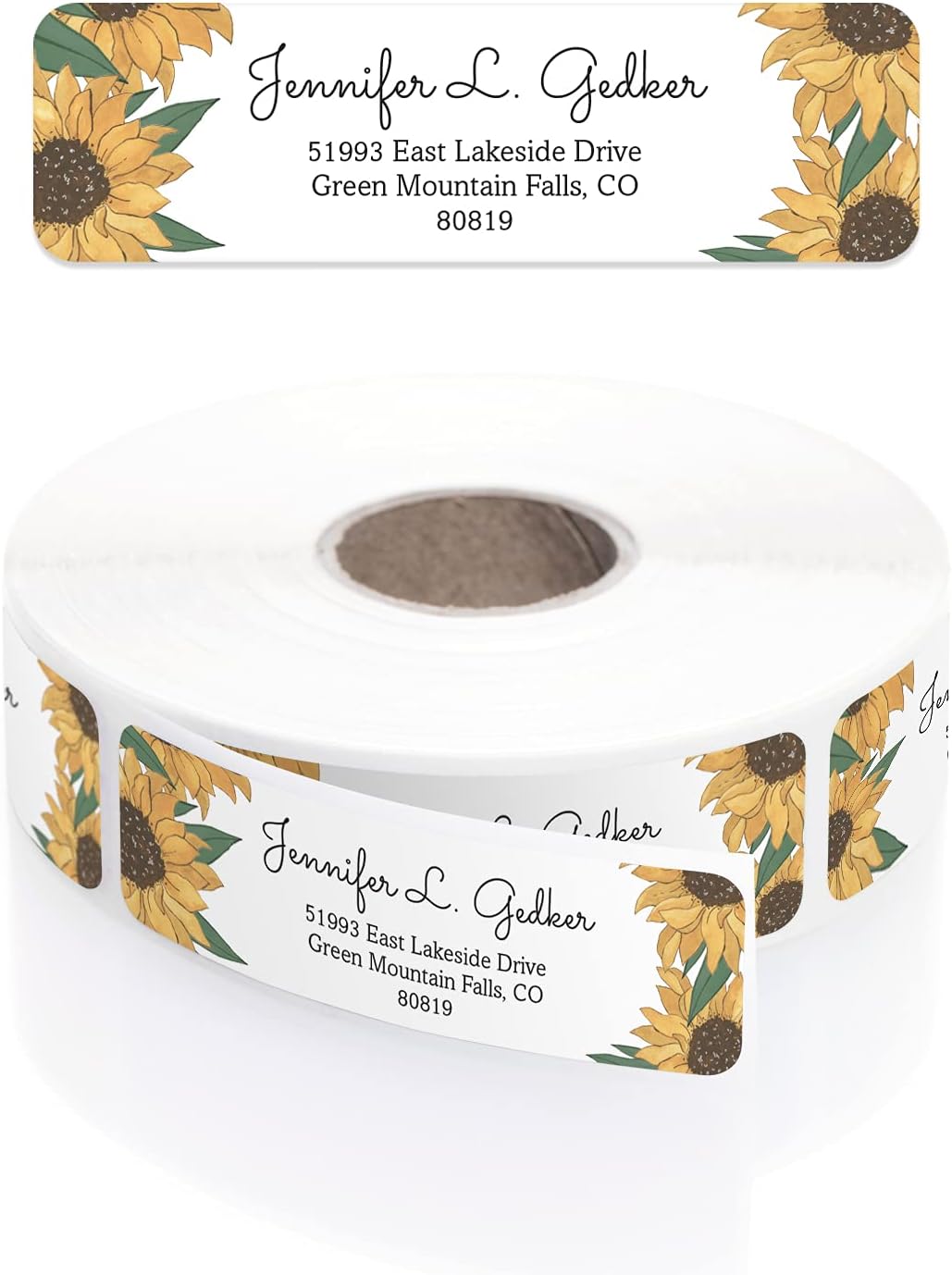 Illustrated Sunflower Rolled Address Labels/Roll of 500 Floral Garden Personalized Address Labels/Designer Return Address Stickers in Elegant Plastic Dispenser - Lumora Desk