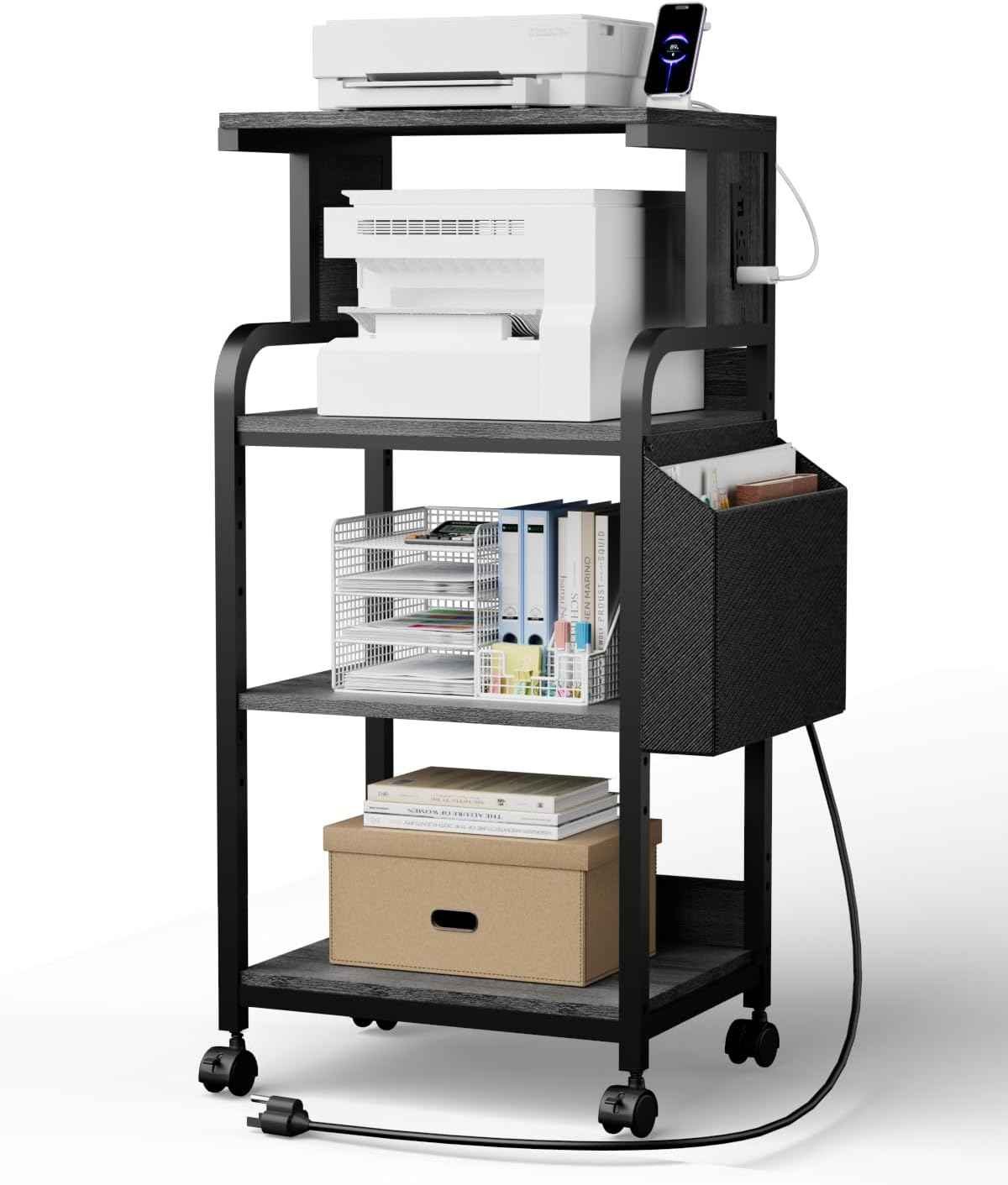 Tall Printer Stand with Storage, 4-Tier Mobile Printer Cart with Adjustable Shelf & Side Bag, Heavy Duty Printer Table with Built-In Charging Station for Home Office, Fits Scanner, Fax Machine, Grey