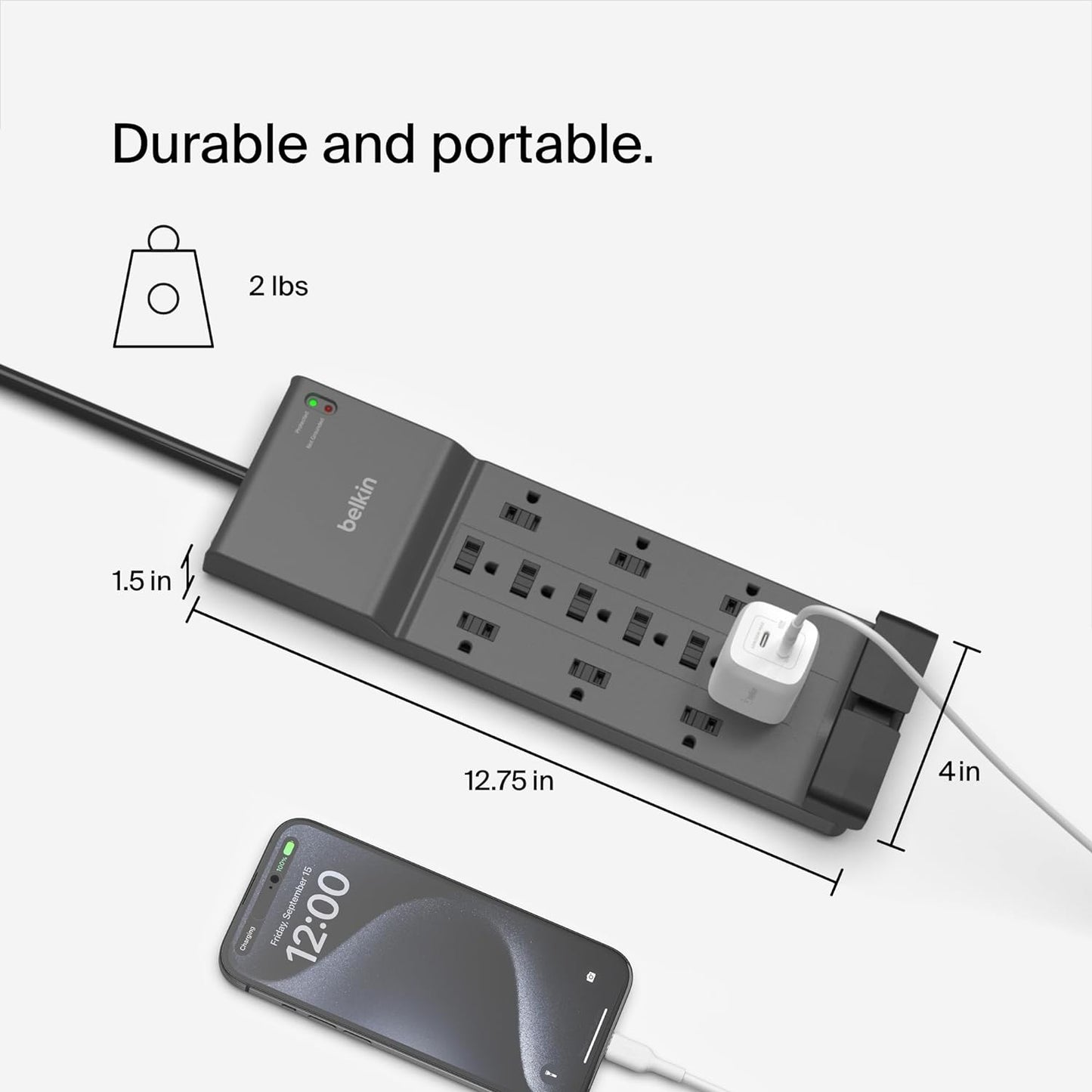 Belkin Surge Protector Power Strip w/ 12 AC Outlets & 8ft Long Flat Plug, UL-listed Heavy-Duty Extension Cord for Home, Office, Travel, Computer, Laptop, Phone Charger - 3,940 Joules of Protection