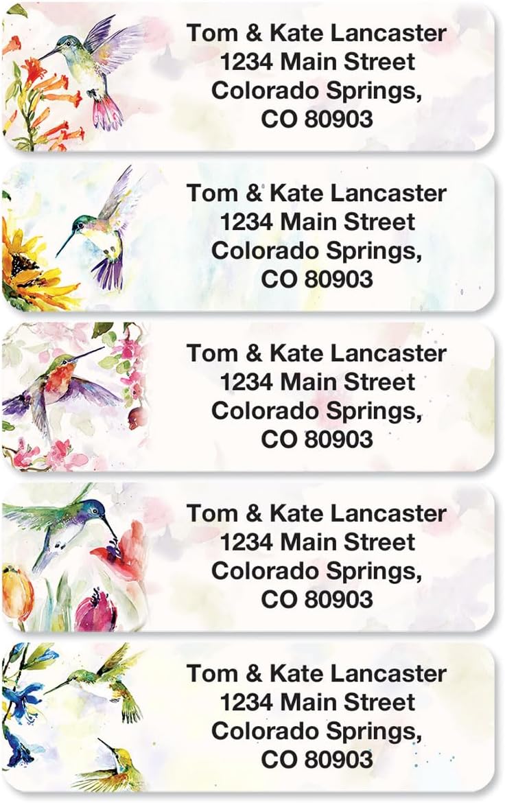 Colorful Images Fluttering Hummingbirds Rolled Personalized Return Address Mailing Labels with Dispenser, Customize with Name & Shipping Address, 250 ¾” x 2½ Self Adhesive, Easy Peel Label Roll - Lumora Desk