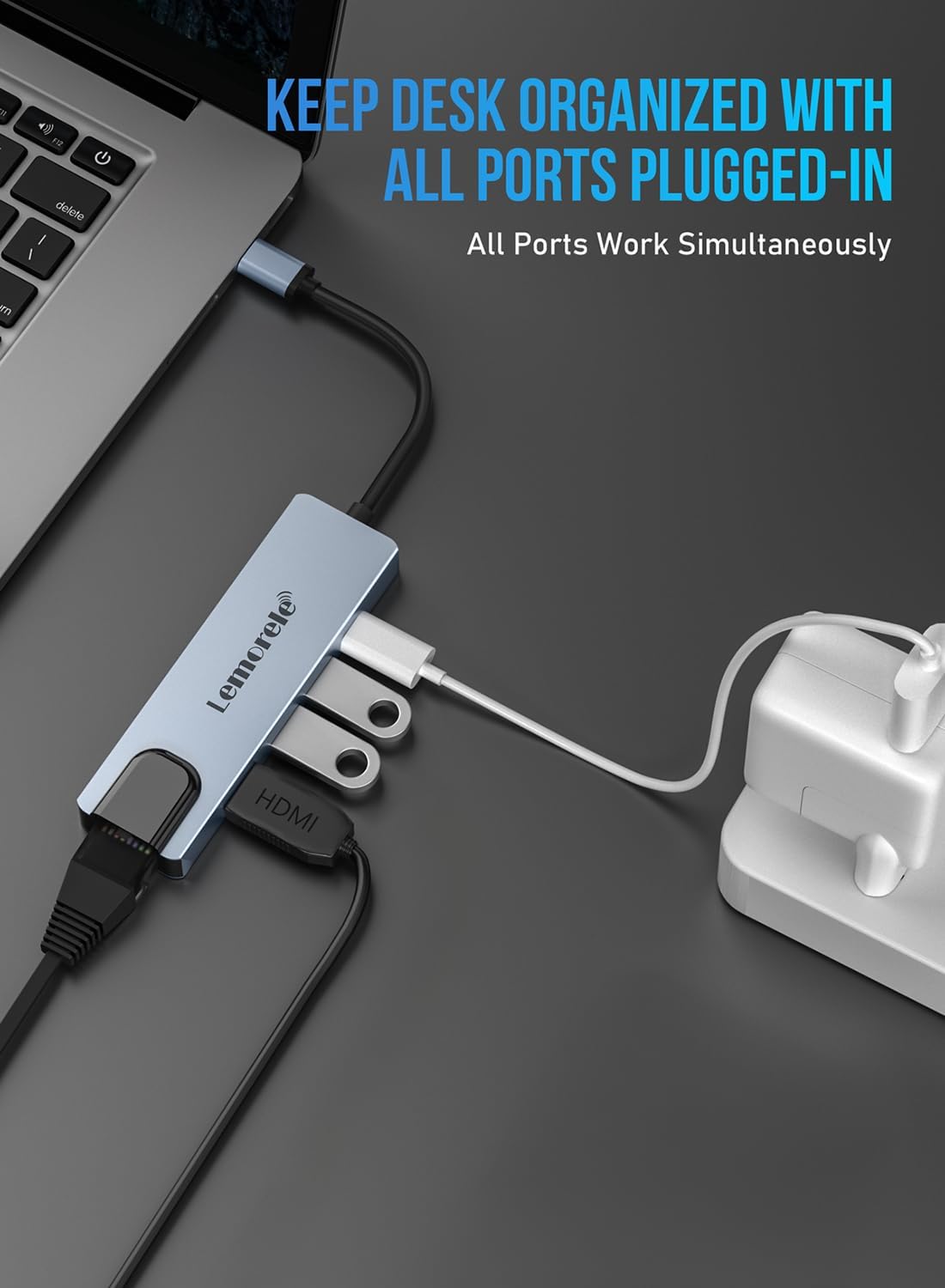 USB C Hub Adapter, Lemorele 5-in-1 Dongle Multiport Adapter with 4K HDMI, Ethernet, 2 USB 2.0 Ports, 100W PD Charging for MacBook M1 Air/Pro, iPad M1, Switch, XPS15, Windows