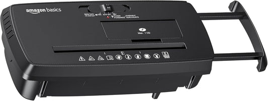 Amazon Basics 8-Sheet Strip Cut Paper, CD, and Credit Card Shredder with Auto-Off Compact, Portable Design, No Basket, Extendable Arm, Black