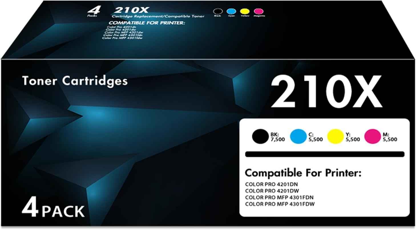 210X Toner Cartridge High Yield 4 Pack | with Chip Compatible Replacement for 210X 210A W2100X W2100A for Color Laser Pro 4201dn 4201dw Pro MFP 4301fdn 4301fdw Printer Ink | Black Cyan Yellow Magenta