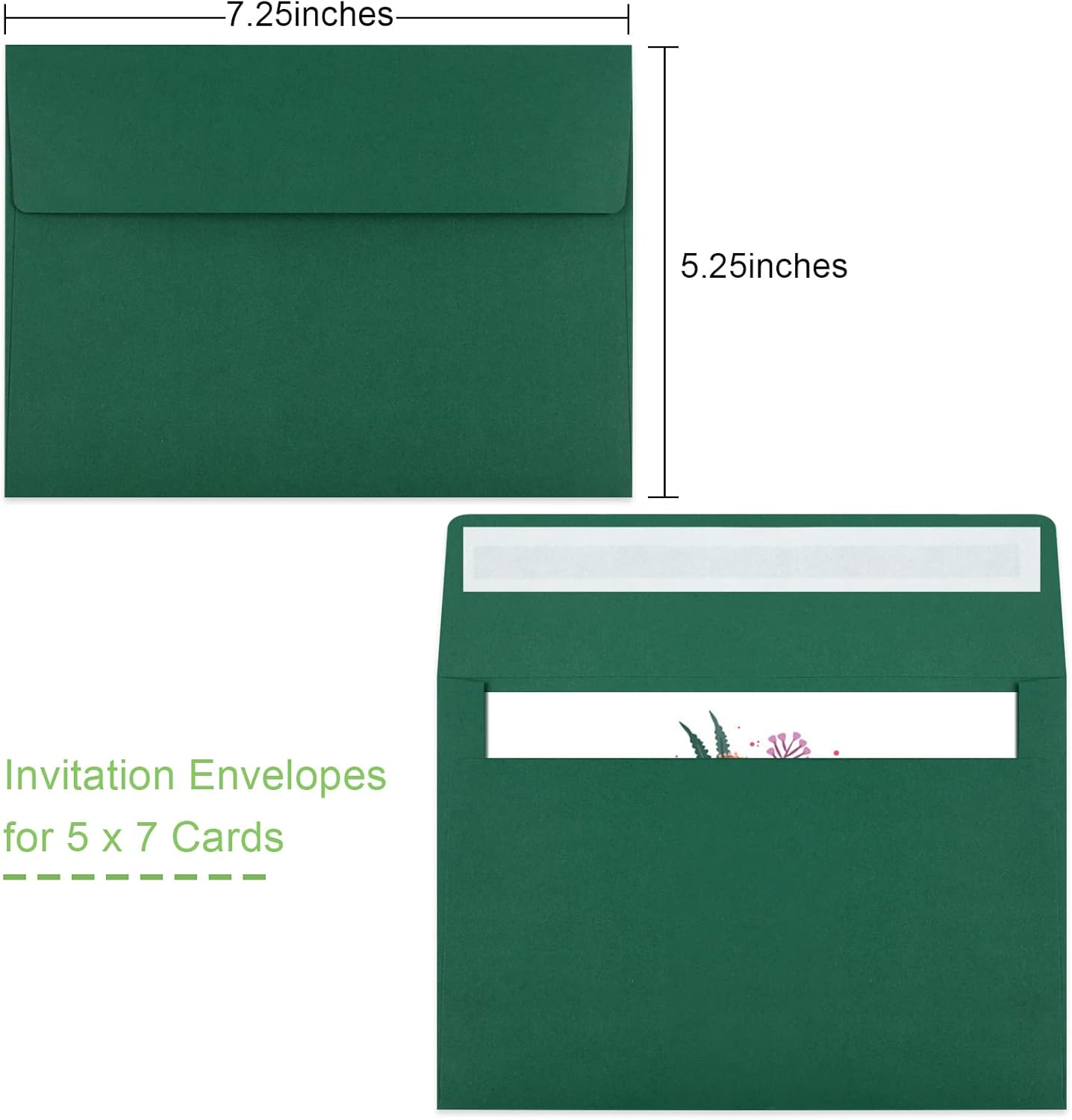 50 Pack 5x7 Envelopes - Self Seal for Invitations, Weddings, Photos & Greeting Cards (Dark Green) - Lumora Desk