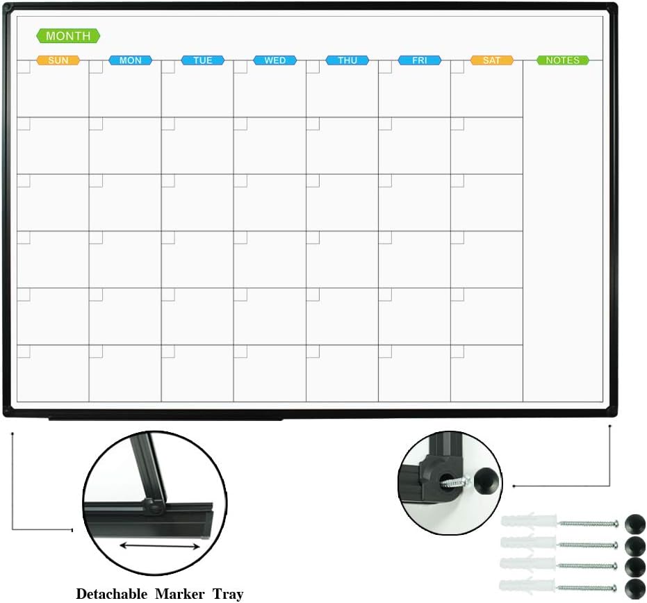 JILoffice Large Dry Erase Calendar Whiteboard - Magnetic White Board Calendar Monthly 60 X 40 Inch, Black Aluminum Frame Wall Mounted Board for Office Home and School - Lumora Desk