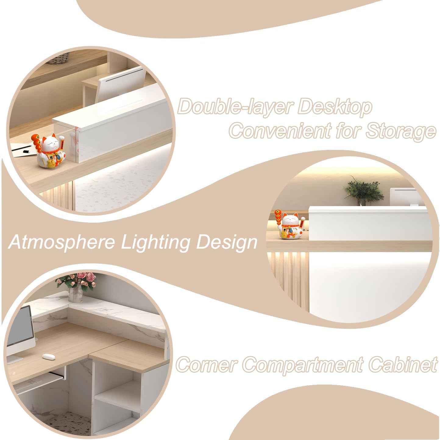 Modern Reception Desk with Counter and Drawer, Front Desk Reception Counter for Office, Salon, Retail Store, Beauty Shop, Receptionist Table with Lockable Storage (White Gray - Left, L 160cm/63in)