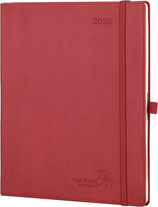 POPRUN 2026 Planner (Large - 8.5'' x 10.5'') - 2026 Weekly Calendar (Jan. 2026 - Dec. 2026) with Hourly Time Slots, Weekly/Monthly Appointment Book for Time Management - Leather Soft Cover - Burgundy Red