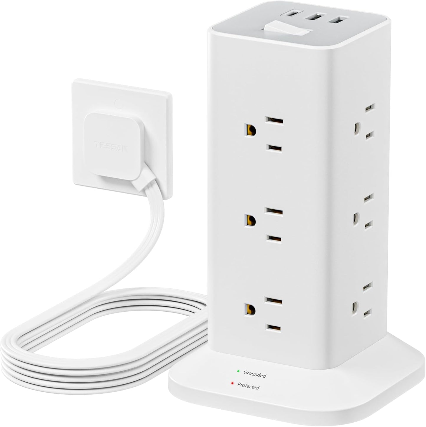Power Strip Tower with Surge Protector, TESSAN Flat Plug Extension Cord 10 Ft with 12 AC Outlets with 3 USB Ports (1 USB C), Multiple Outlets for Home, Office Supplies, Dorm Room Essentials