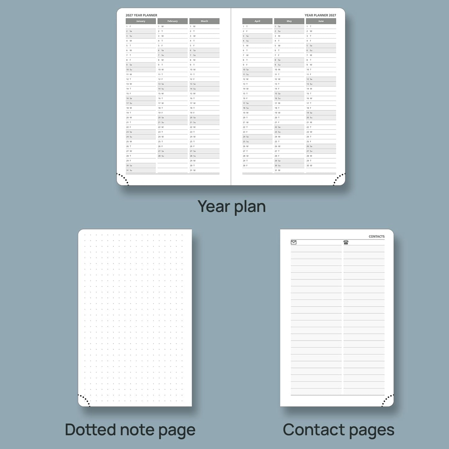 POPRUN Daily Planner 2026 (Jan - Dec), (Purse Size-4.25" x 6.25") 2026 Daily Calendar with One Page Per Day Even Weekends, Hourly Appointment Book with Pocket, PU Leather Softcover - Grey