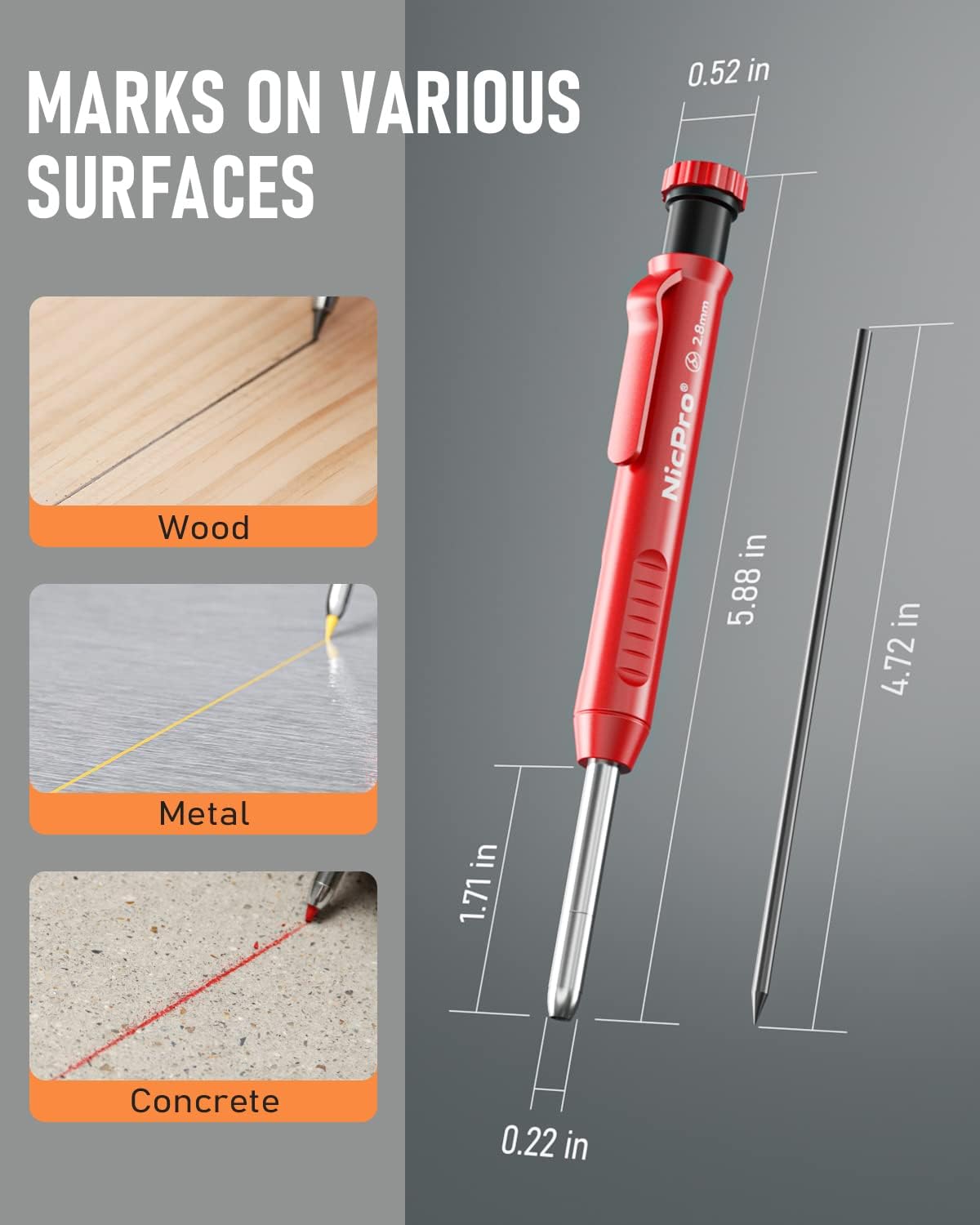 Nicpro CP1000 Carpenter Pencil with Sharpener, 2.8 mm Mechanical Pencils with 13 Refills, Deep Hole Marker for Construction, Heavy Duty Woodworking Pencil, Carpenter Tools for Architect Marking