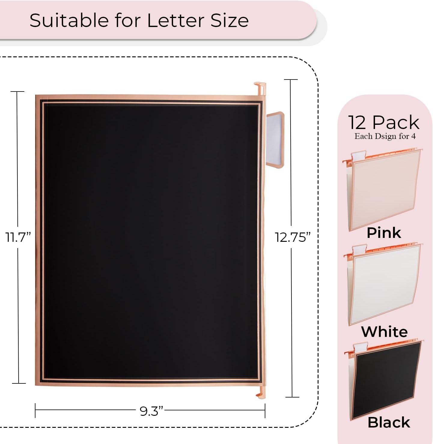 Y YOMA 1 Pack Rose Gold Desktop Hanging File Organizer | 12 Pack Rose Gold Pocket Hanging File Folders with Tabs & Insert | Letter Size Metal File Kit for Desk Home Office, I Shaped