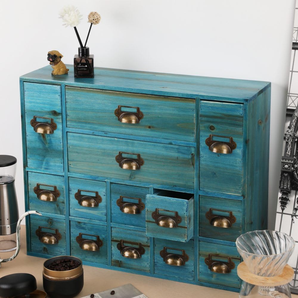 Apothecary Drawers Card Catalog Cabinet with 14 Drawers Wooden Card Catalog Wooden Storage Box for Desktop Organizer (Blue)