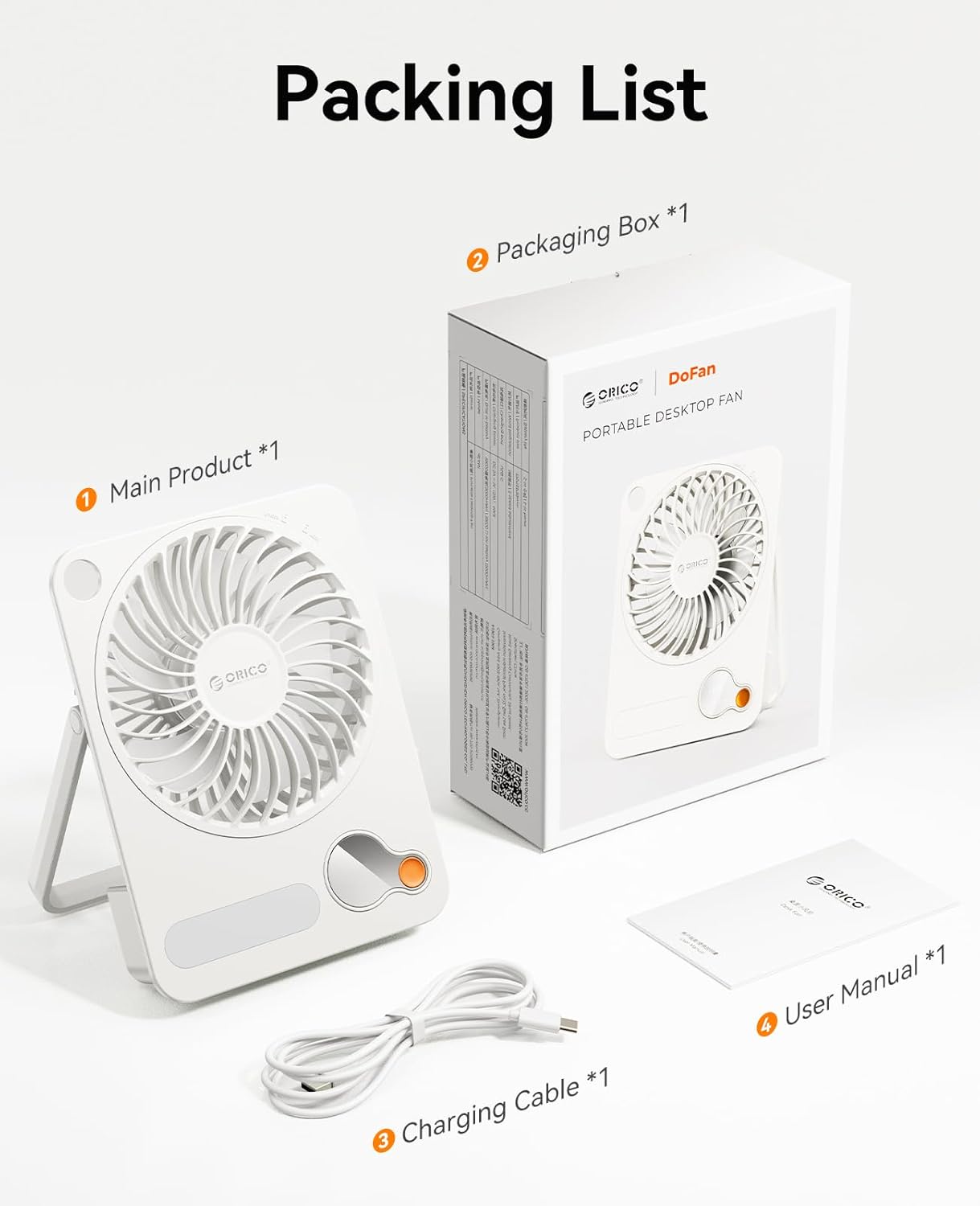 ORICO Portable Desk Fan, Ultra-thin Rechargeable Mini Cooling Fan with 180° Tilt Folding & Small Powerful 3 Speeds Personal Fan with Digital Display for Bedroom Office Camping Travel Beach-DoFAN White
