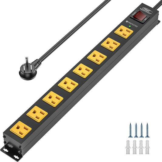 CRST 8 Outlet Metal Long Power Strip,Heavy Duty Surge Protector 2100J, 6 FT Cord Mountable Wide Spaced Workshop Garage Power Strip, 15amp/1875W