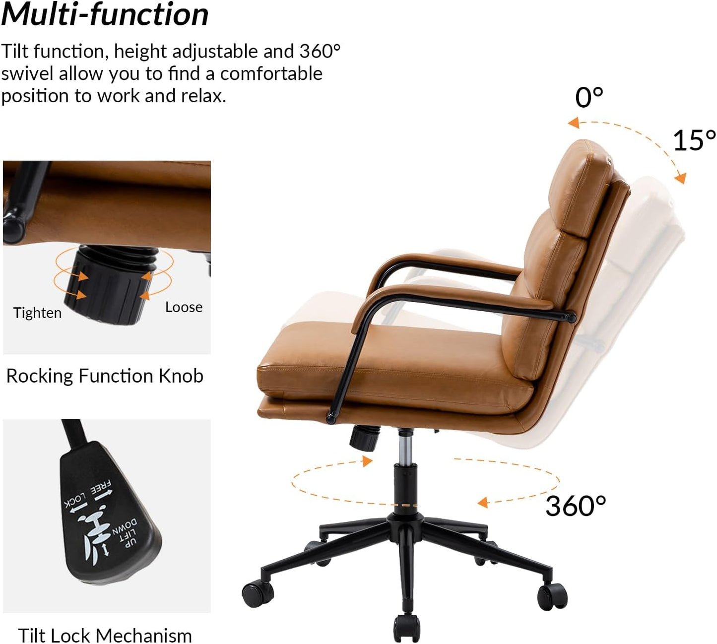 HULALA HOME Modern Faux Leather Home Office Chair with Tilt Lock & Metal Base, Desk Chair with Wheels & Padded Cushion, 360° Swivel Wide Seat Computer Task Chair, Camel