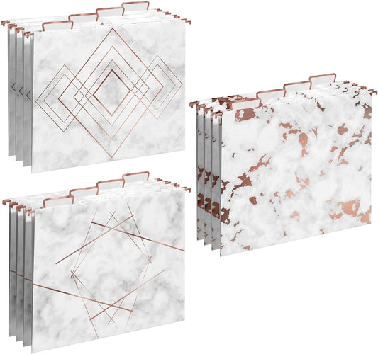 Y YOMA 12 Pack Rose Gold Hanging File Folders Letter Size Decorative File Folder Cute Pretty Hanging Folder Organizer for Filing Cabinet Office Home with 1/5-Cut Adjustable Tabs, 3 Marble Design
