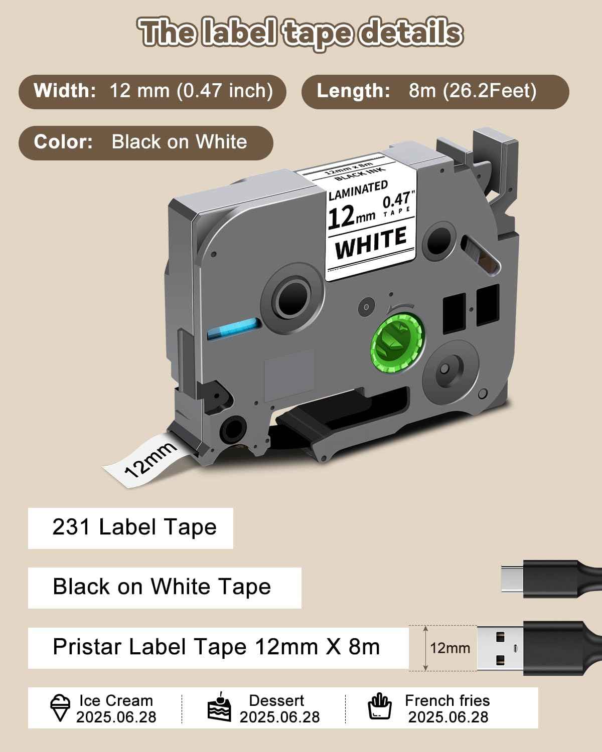 6-Pack TZe-231 TZ Tape 12mm 0.47" Laminated White P Touch Label Compatible for Brother P Touch Label Maker Tape for PTouch Label Maker PTD210 H110 D220 D600 D400 D410 2040, Black on White