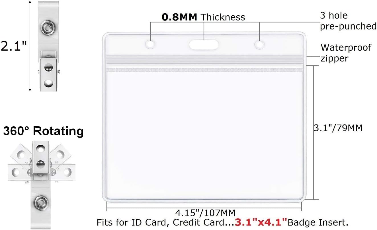 Clear Plastic Horizontal Name Tag Holders and Metal Badge Clips with Vinyl Straps Waterproof PVC ID Card Badge Holder 3x4 Inch(25 Pack, Horizontal Large 3x4)