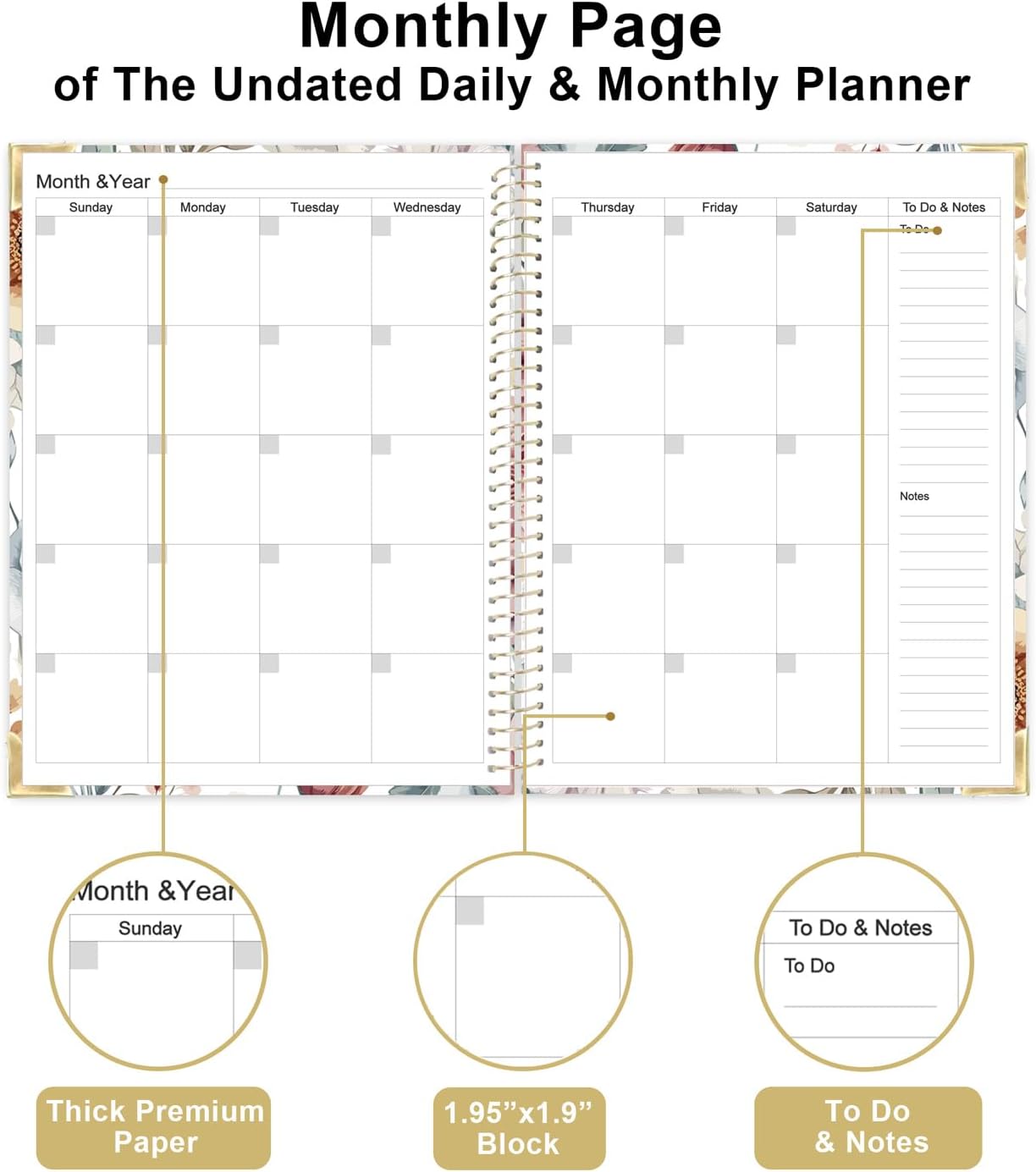 Undated Daily Monthly Planner for 2025 2026 - A4 To Do List with Hourly Schedule, Hardcover Spiral Bound Daily Planner to Increase Focus, Stylish School/Office Supplies, 8.5" x 11", Flower
