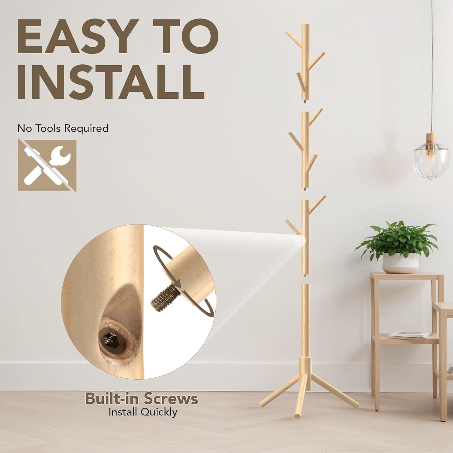 Wooden Tree Coat Rack Stand,Sturdy Freestanding Coat Rack with 8 Hooks,3 Adjustable Height for Child Adult,Wood Coat Stand Tree Fits Entryway Bedroom Office for Bags,Hats - Lumora Desk