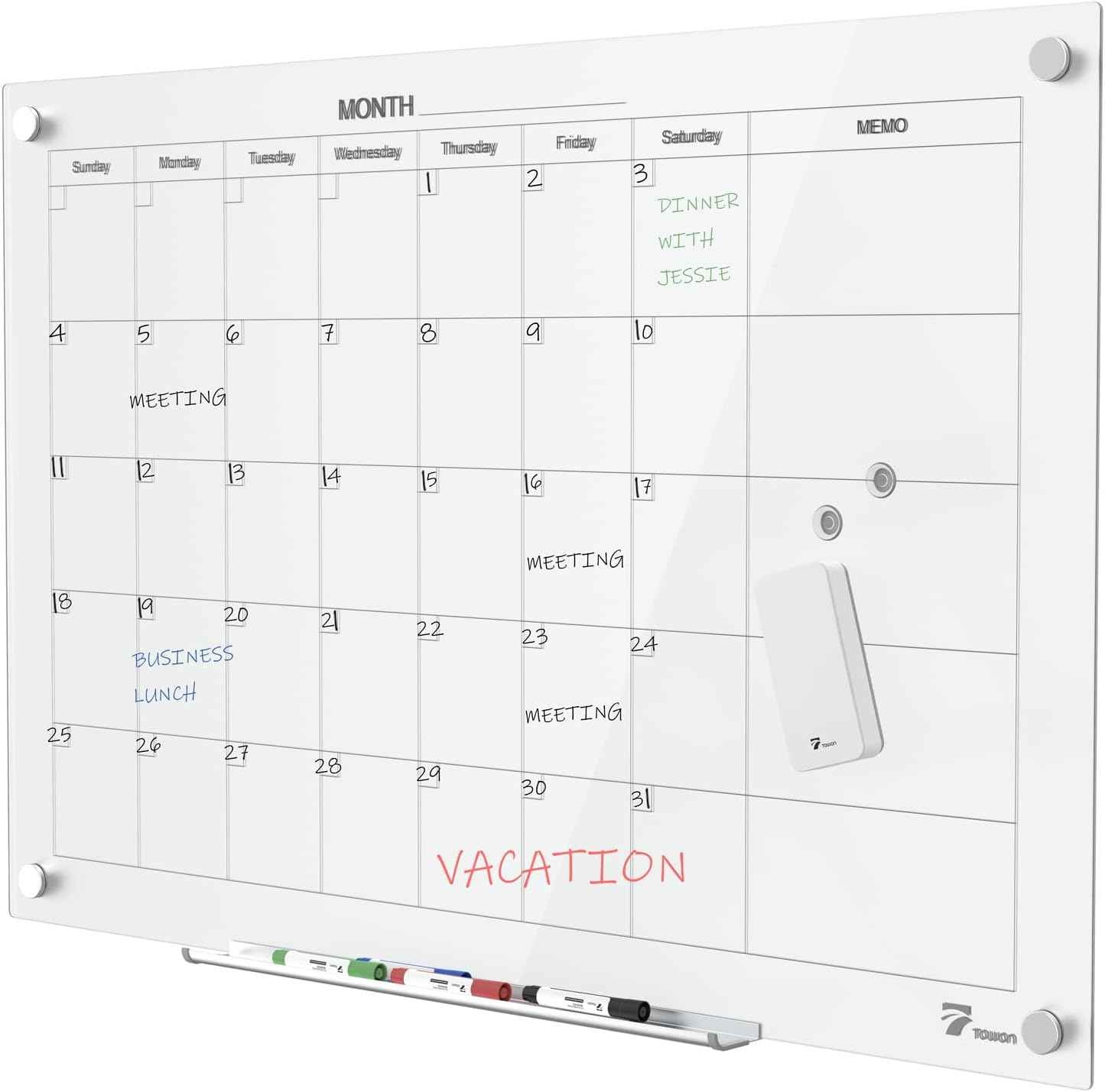 TOWON 47 x 35 Inch Glass Dry Erase Board, Magnetic Whiteboard Calendar, Monthly Planner Set, White