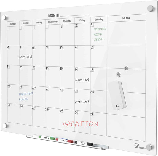 TOWON 47 x 35 Inch Glass Dry Erase Board, Magnetic Whiteboard Calendar, Monthly Planner Set, White