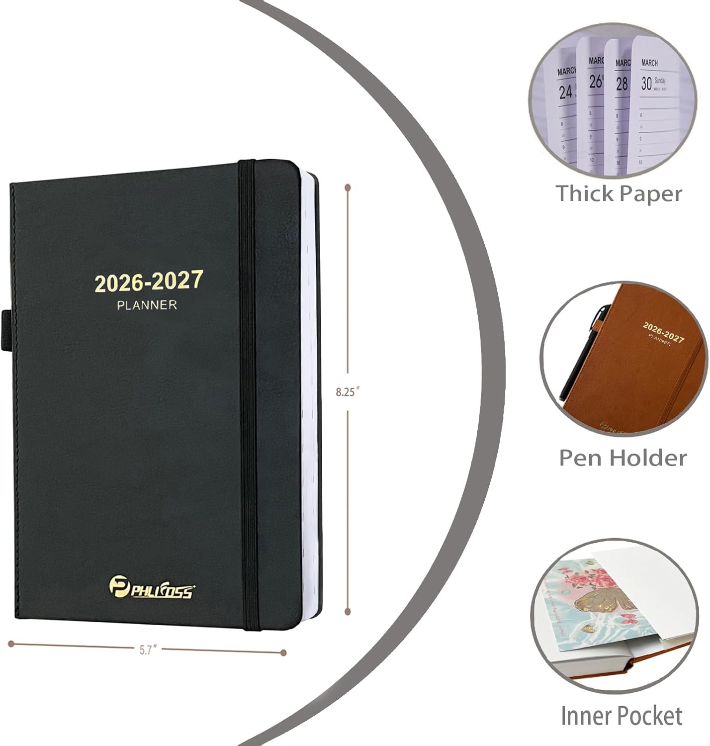 Daily Planner 2026-2027, One Page Per Day, Academic Calendar (July 2026 - June 2027), Appointment Book with Time Slots and Monthly Tabs, 5.7" x 8.25", Pocket, Leather Cove (Black)
