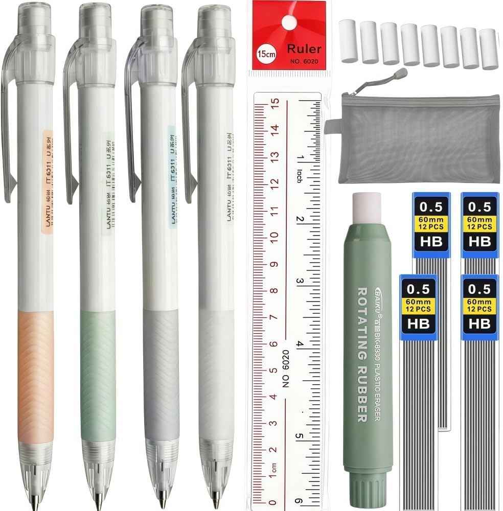 0.5mm Mechanical Pencil Set with Case: Cute Pencils Set Include Lead Eraser Refills, Ruler – Ideal for Students, Teachers, Writing, Drawing, School daily use (0.5mm)