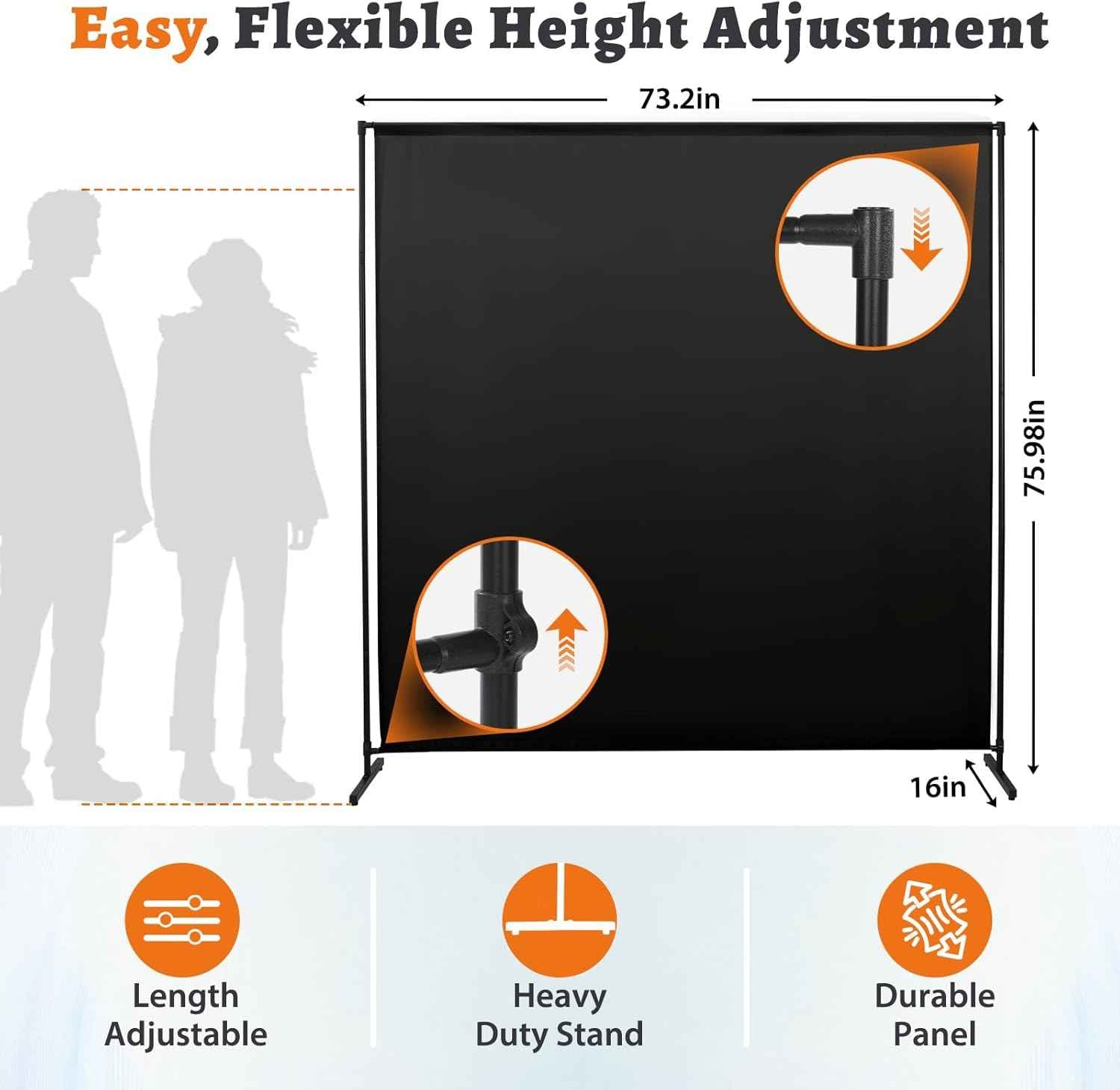 Room Divider Single Panel, 71''W x 71''H Height Adjustable Large Room Divider Panel for Office, Fabric Portable Privacy Screen Wall Divider for Room Separation, Black Freestanding Partition Separators