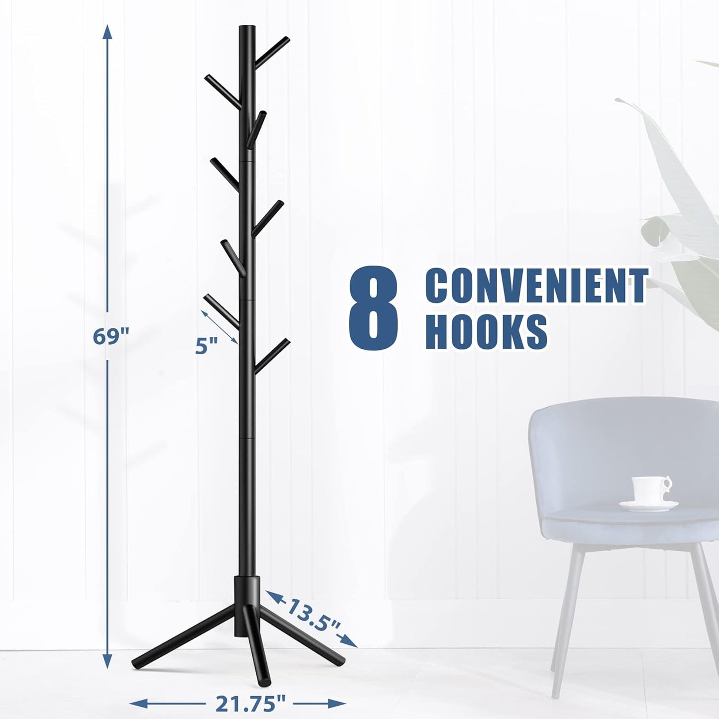 Haddockway Wooden Coat Rack Stand with 8 Hooks New Zealand Pine 3 Adjustable Coat Standing Tree Easy Assembly for Coats, Hats, Scarves and Handbags for Entryway, Hallway, Bedroom, Office,2 PCS - Lumora Desk