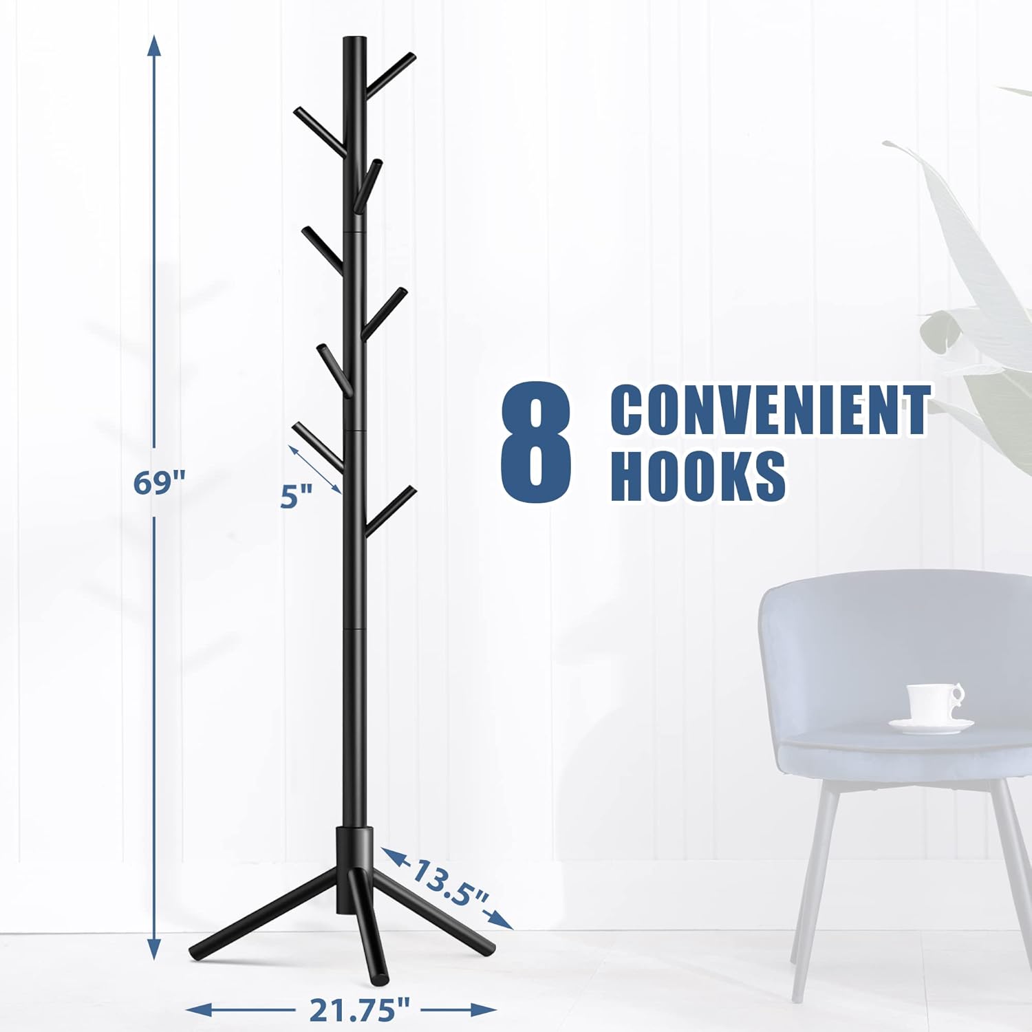 Haddockway Wooden Coat Rack Stand with 8 Hooks New Zealand Pine 3 Adjustable Coat Standing Tree Easy Assembly for Coats, Hats, Scarves and Handbags for Entryway, Hallway, Bedroom, Office - Lumora Desk