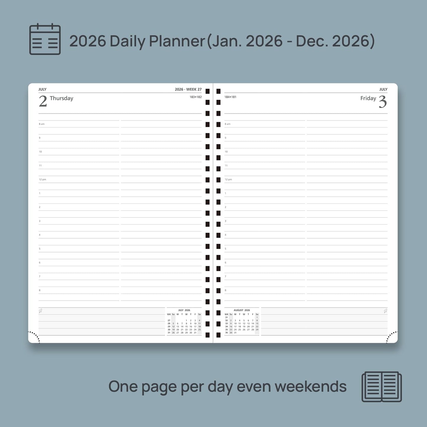 POPRUN 2026 Daily Planner One Page A Day - [A4 Large Size 8.25" x 12" -Spiral Hard Cover], Agenda 2026 Hourly Appointment Book with Monthly Calendar, Pen Holder, Ivory Paper -Haze Blue
