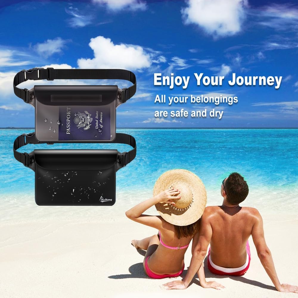 Waterproof Fanny Pack Phone Pouch - 32FT Submersible Triple Zip Lock Dry Bag, Touchscreen Passport Wallet Travel Pouch for Beach Cruise Swimming Kayaking Boating Essentials