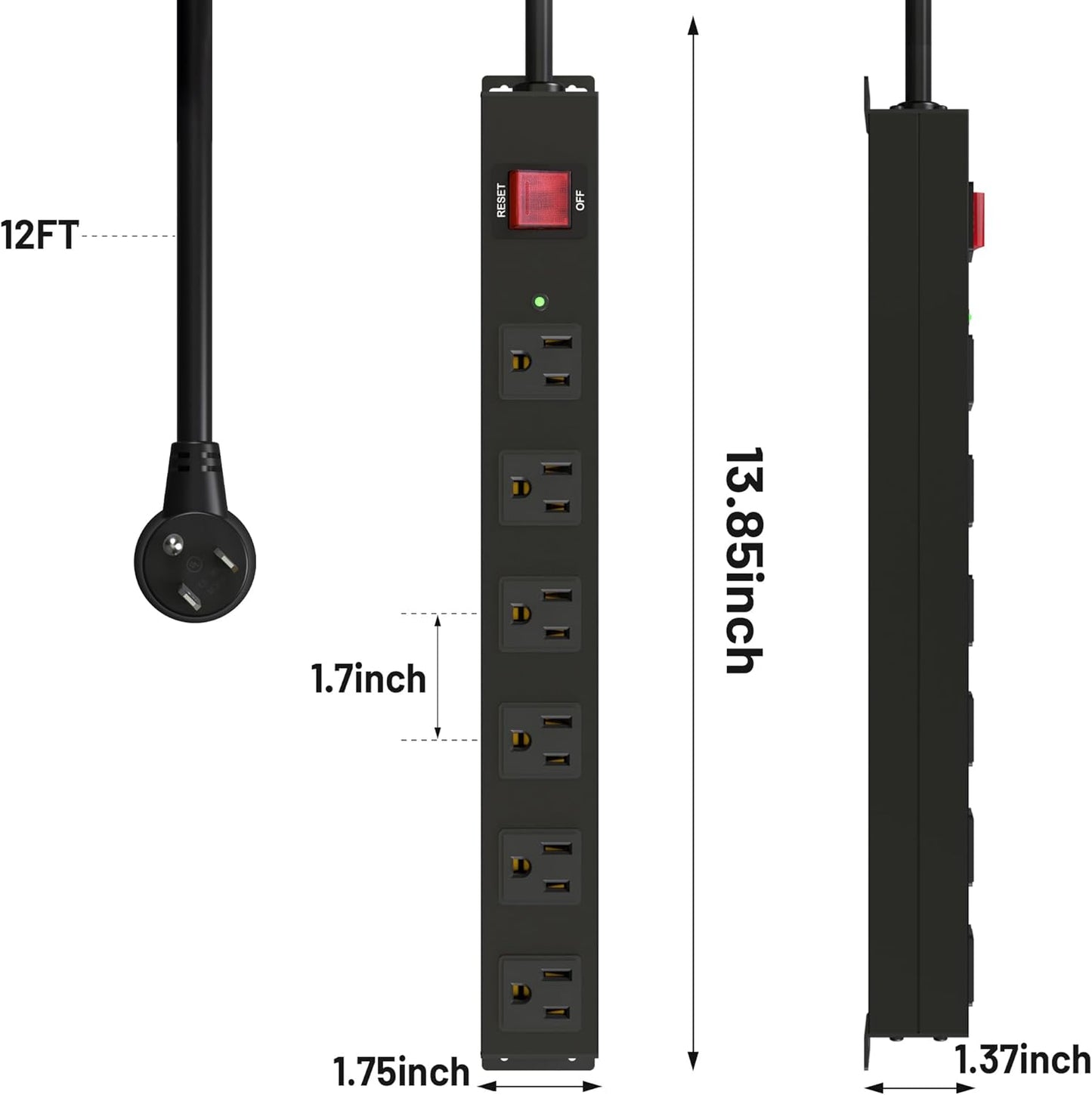 KF 6 Outlet Metal Wall Mount Power Strip, 2100J Surge Protection Heavy Duty Power Strip, 15A/1875W Mountable Power Strips with Upgraded Switch, 14AWG 12FT Power Cord