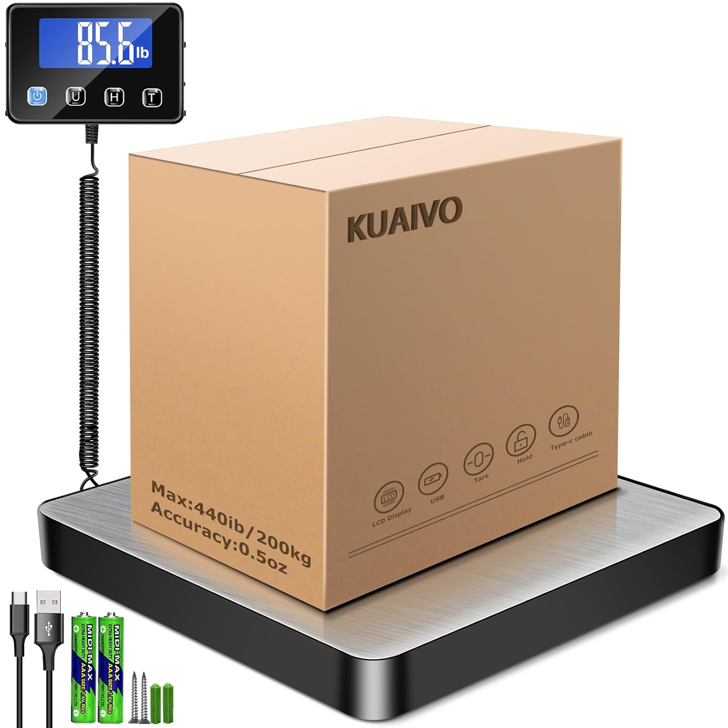 Shipping Scale, 440 lbs/0.35oz High Accurate Digital Postal Scale with Hold/Tare Function, Shipping Scale for Small Business, Packages, Luggage, Home Use, Battery & Charging Cable Include - Lumora Desk