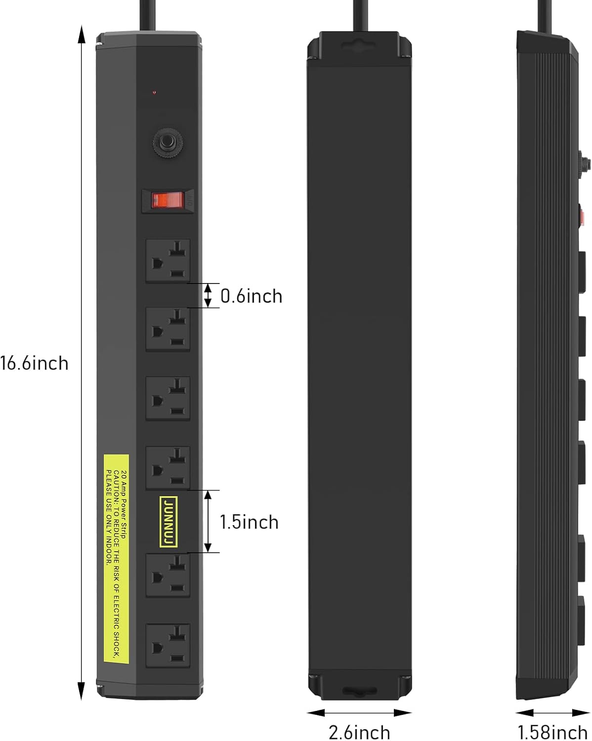 JUNNUJ Heavy Duty 20 Amp Power Strip 4800J, High Amp Surge Protector 6 Outlet, 20A Power Strips Workshop Industrial Outlets Wide Spaced 6-20R T-Slot with Circuit Breaker, 12 Gauge Extension Cord 6ft