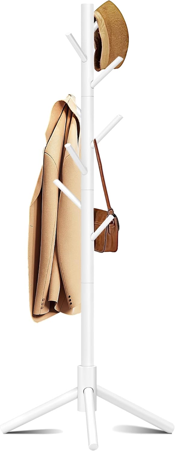 Wooden Coat Rack, Free Standing Coat Rack with 8 Hooks 3 Adjustable Heights for Clothes, Hats, Handbags, Coat Tree Easy Assembly for Entryway, Bedroom, Hallway, Office (New White) - Lumora Desk