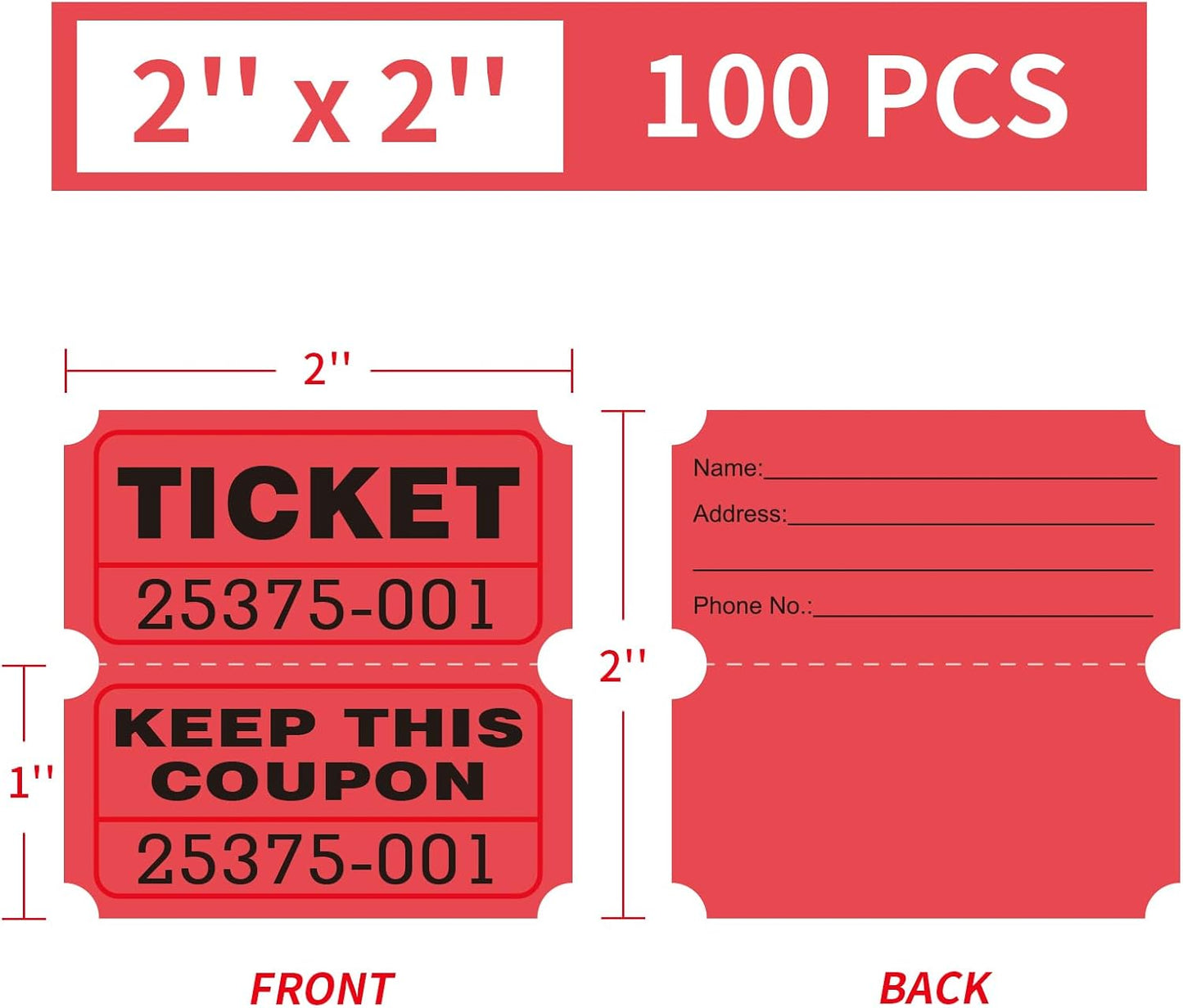 DGBDPACK 100 Raffle Tickets, 50/50 Double Ticket, Bold Numbers for Easy Reading, Ticket for Events, Entry, Class Reward & Prizes -Red