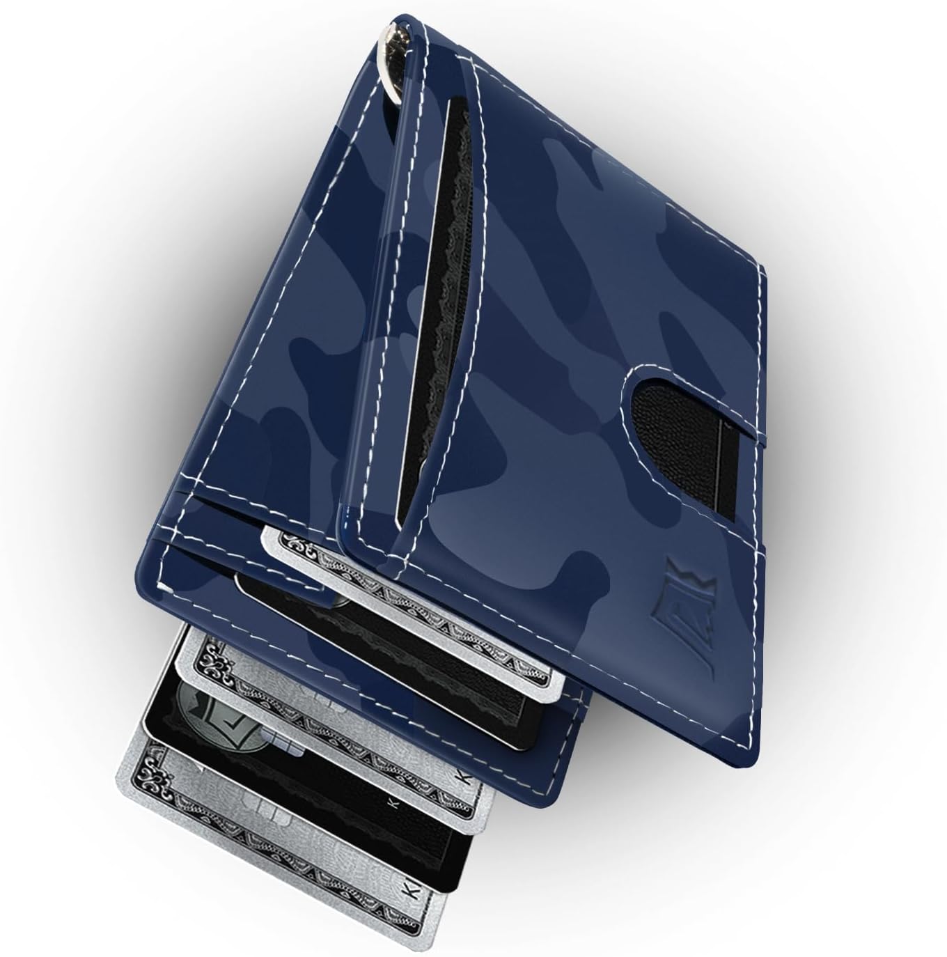 Kings Loot Money Clip Slim Minimalist Wallet for Men – RFID Blocking Leather Design with Money Clip – Front Pocket Bifold Holds 12 Cards – Stylish & Compact Wallets (Camo Blue)