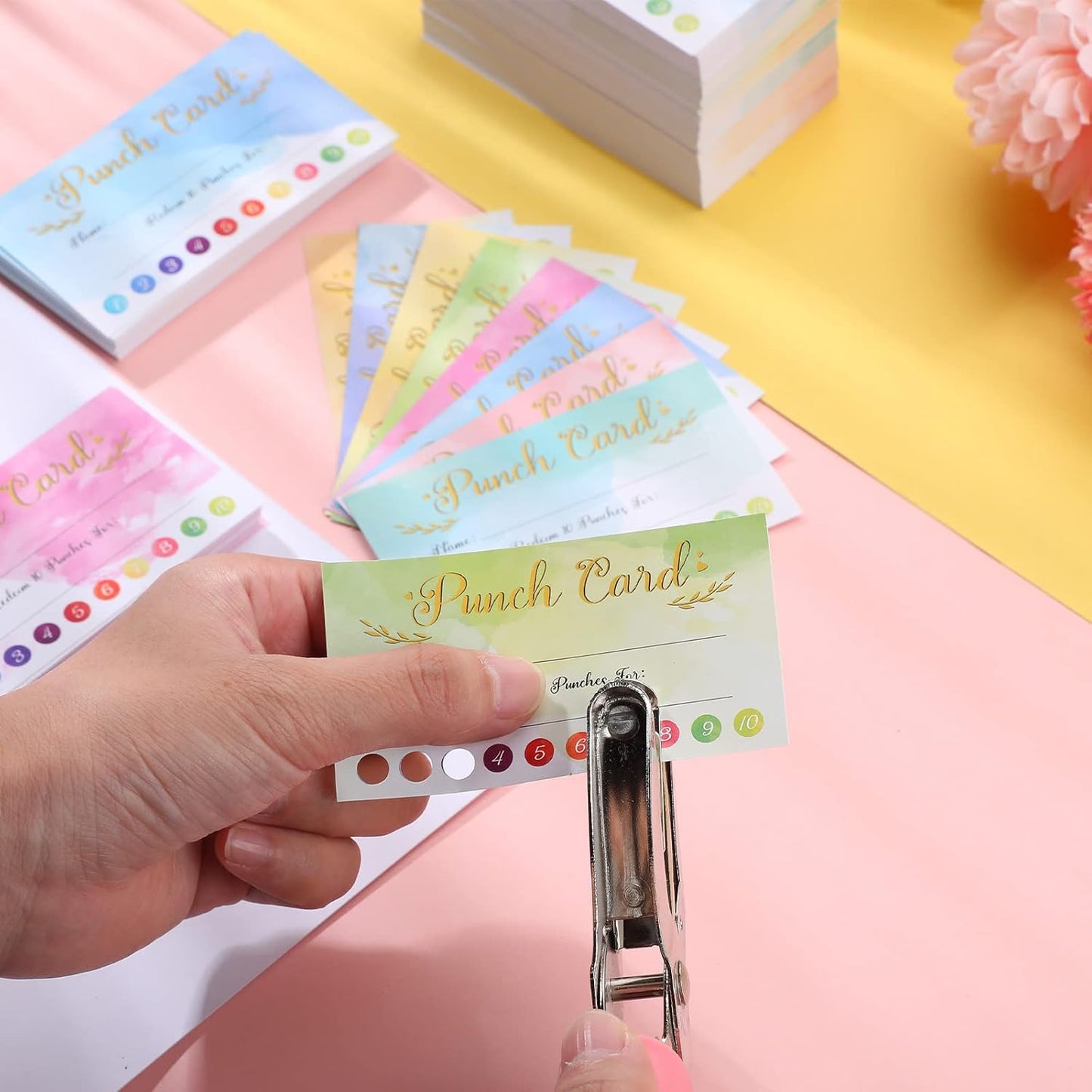 Fumete 400 Pcs Punch Cards for Classroom Reward Cards Behavior Incentive Loyalty Awards for Kids Students Teachers School Business, 8 Styles, 3.5 x 2 in(10 Watercolor Punches Style)