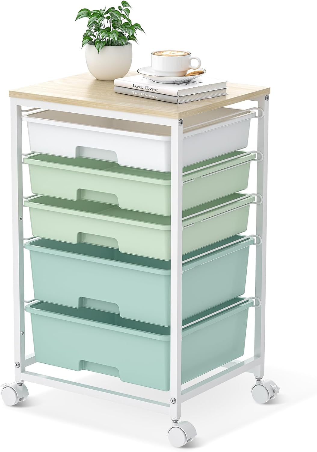 Craft cart,Rolling Cart with Drawers,Storage Cart with 5 Drawers and Wooden Tabletop for Under Desk Organizers and Storage,Green